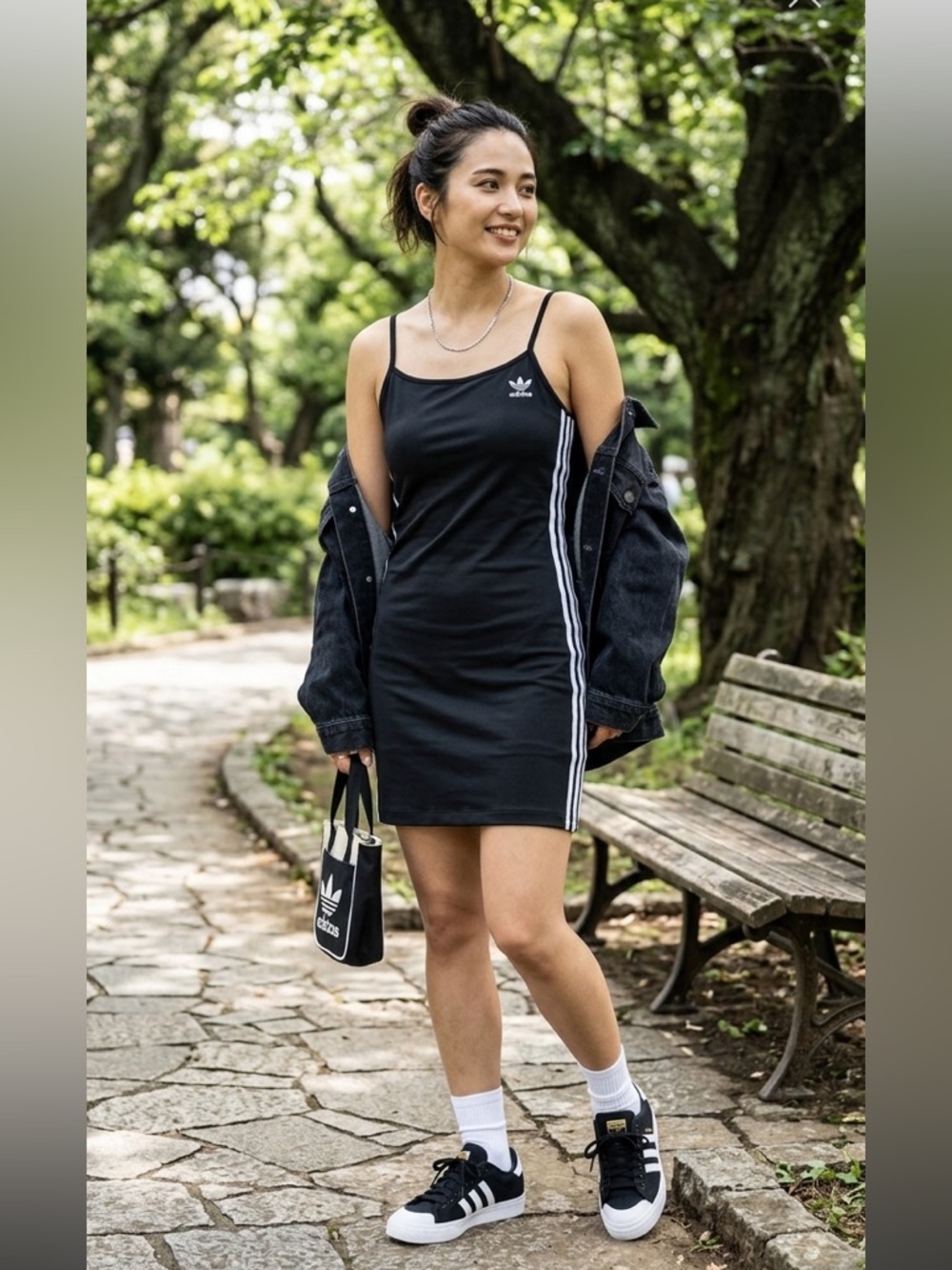adidas Black Slim Strappy Mini Dress with White Side Stripes